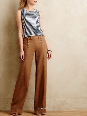 Anthropologie Elevenses Tailored Sailor Wide Leg Linen Blend Pants Honey Tan 12
